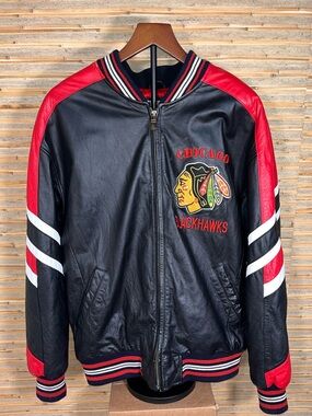 Vintage Chicago Blackhawks Black Leather Jacket Size Large